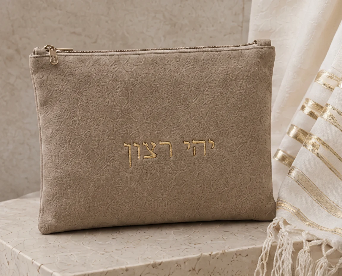 כיסוי זמש חול יהי רצון — רקמת ״יהי רצון״ בגופן כתב יד.