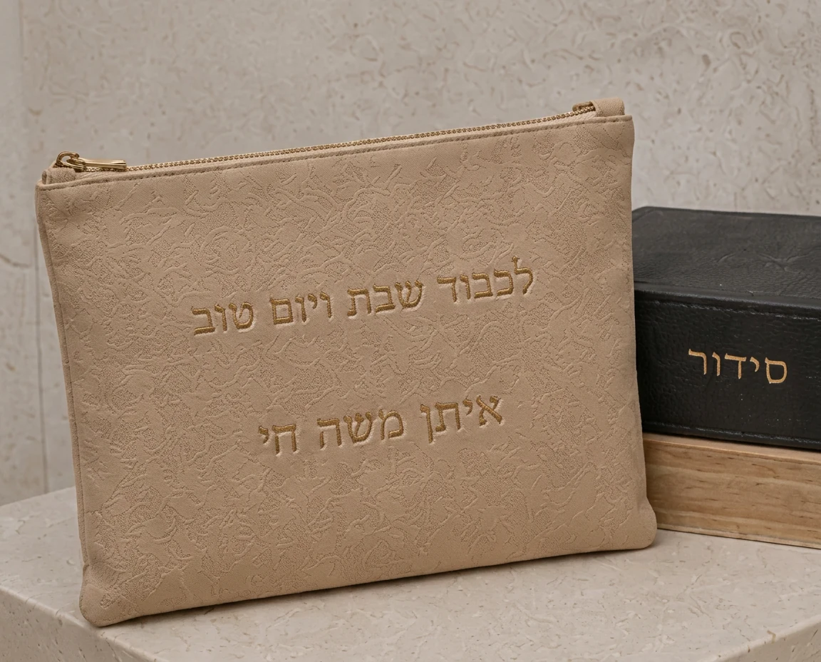 כיסוי זמש לכבוד שבת ויום טוב — רקמה דו־שורתית עם שם אישי.