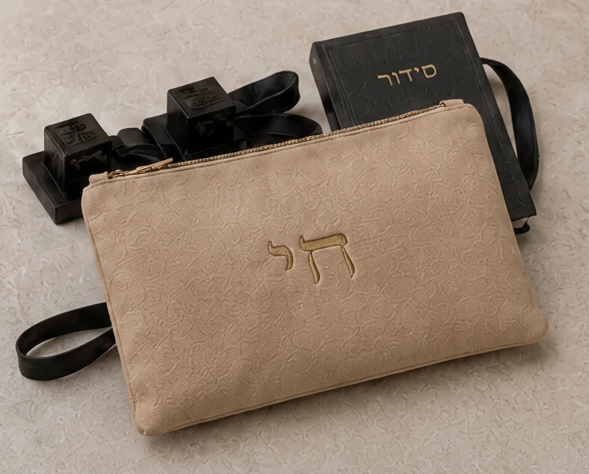 סט ״חי״ שלם — כיסוי, נרתיק תפילין ורצועת נשיאה.