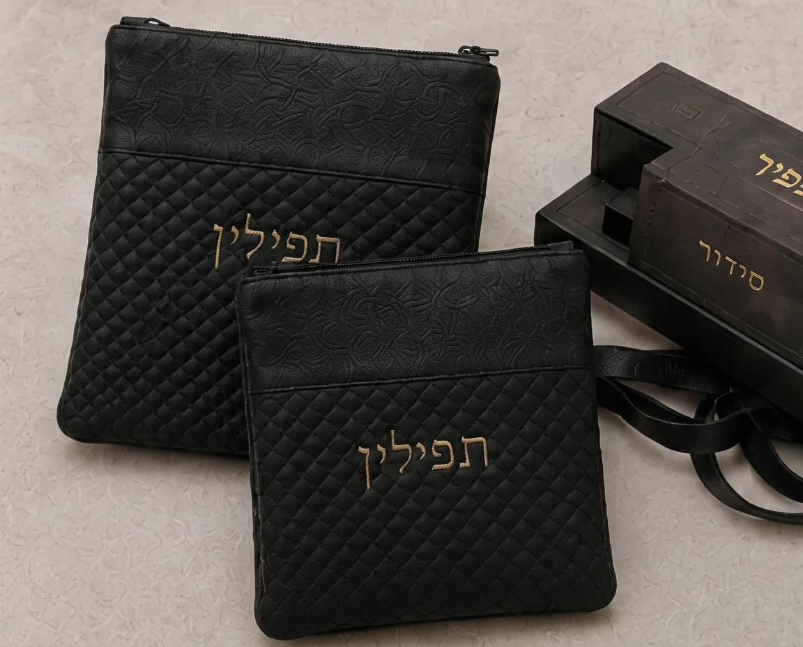 סט זמש שחור מטולא — שני כיסויים בתפירת מעוינים, כולל קופסת תפילין.