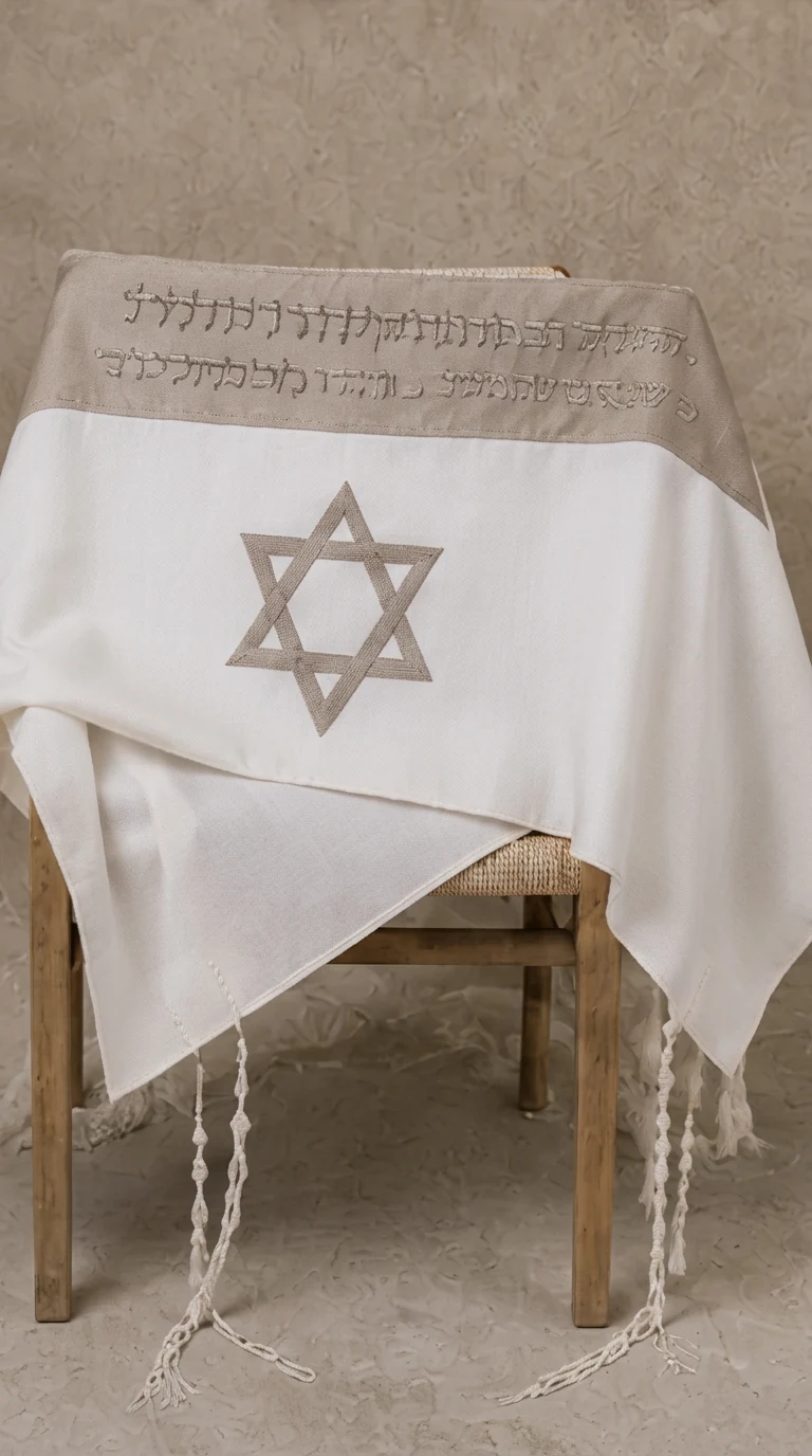 טלית מגן דוד — מגן דוד רקום ידנית וכיתוב מלא לאורך העטרה.