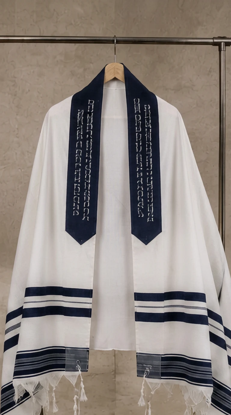 טלית כחול לילה — פסי כחול לילה עמוקים ועטרה תואמת.