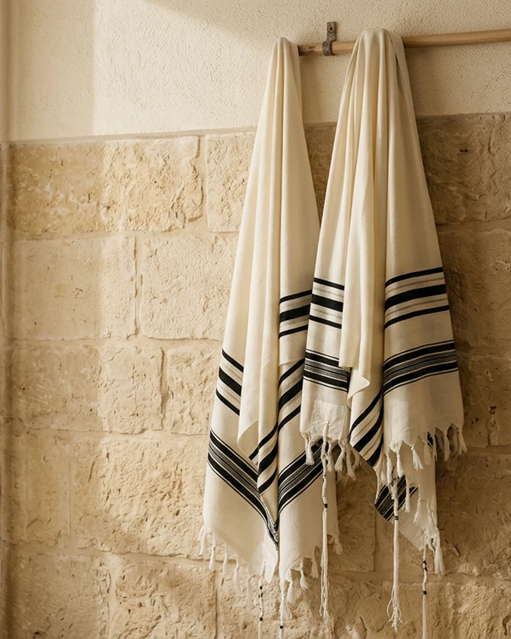 טלית בית יוסף — צמר מלא — צמר כבד בגוון שמנת עם פסים שחורים רחבים.