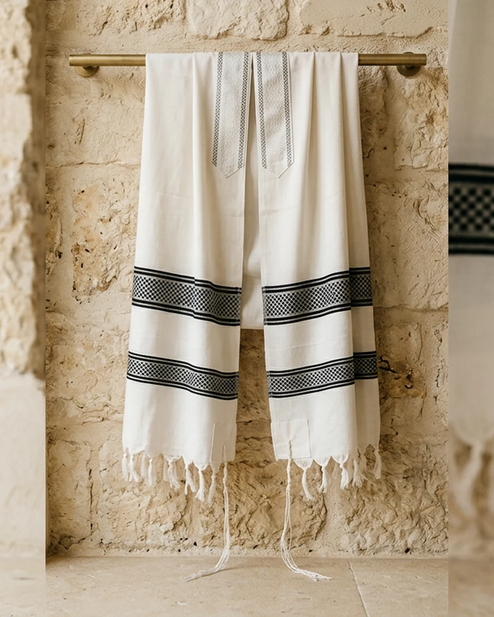 טלית תשבץ — לבן — גוף לבן נקי עם פסי תשבץ שחור-כסף ועטרה תואמת.